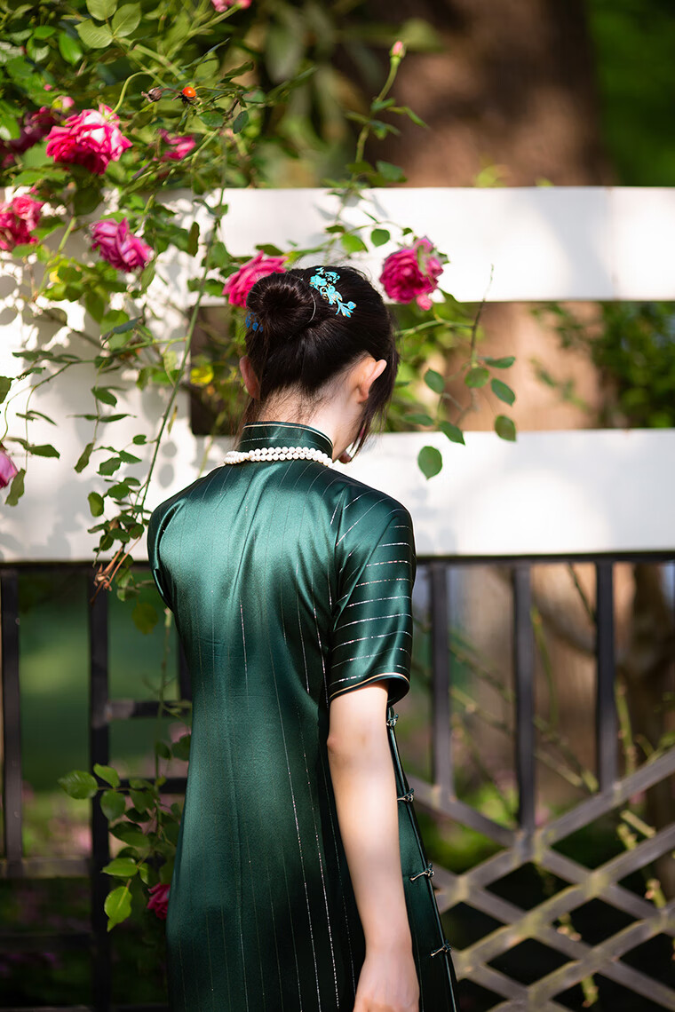 金玉满棠丨春夏款醋酸缎性感复古立领盘扣全开襟旗袍礼服裙性感粉色m