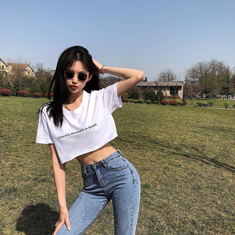 爵士舞服装女露腰露肚脐短袖女超短款印花t恤女宽脐辣妹上衣跳舞jzaa