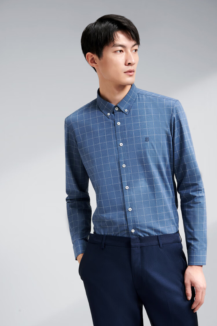 hla海澜之家舒适格纹长袖休闲衬衫2020春季新品经典柔软长衬男hnead1q
