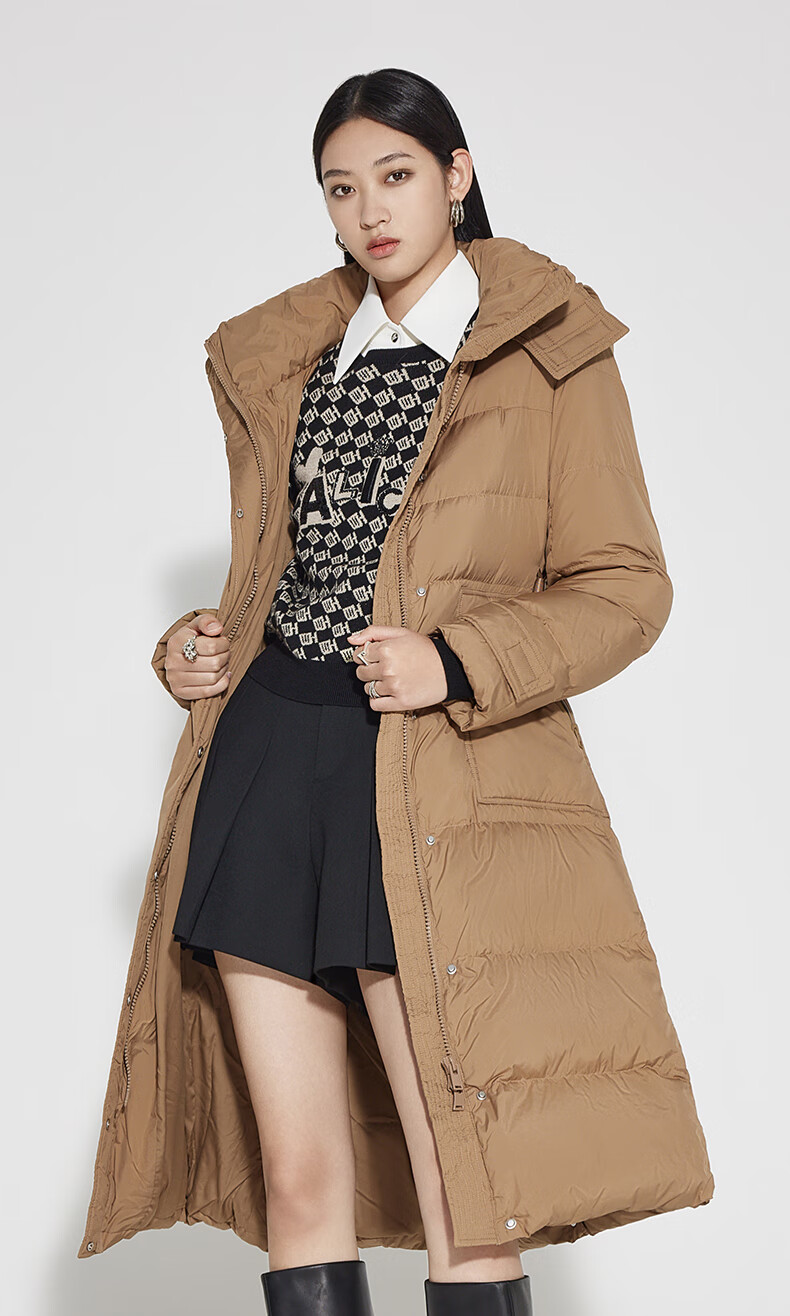 ochirly欧时力冬季新品配腰带连帽收腰长款女神羽绒服1rz433986f 杏色