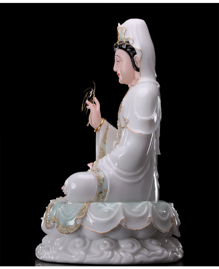 汉白玉石雕 南海观世音菩萨像摆件 16寸观音(绿衣镶金)/尊【图片 价格