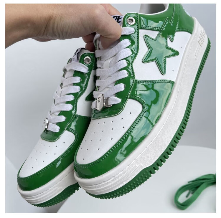 bapesta鞋子黑白滑板鞋刘耀文同款猿人头低帮鞋漆皮运动休闲鞋 黑色