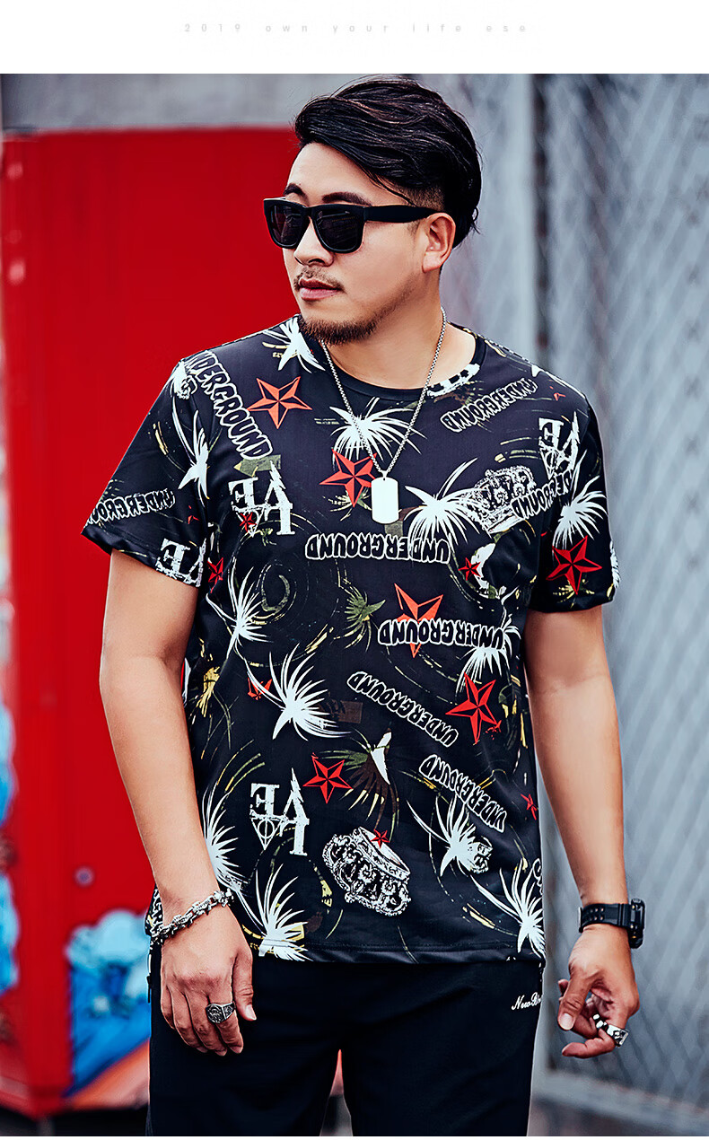 花花公子(playboy)专柜男装春夏潮牌大码男装短袖恤男加肥加大码胖子