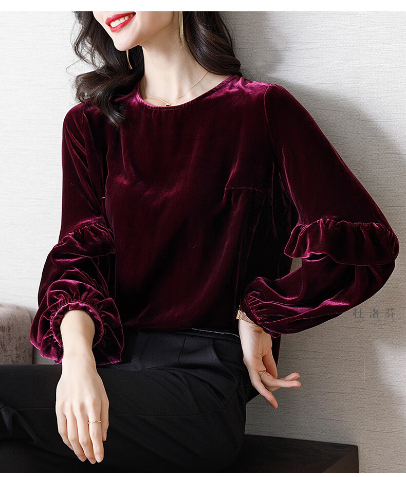 杜洛芬(duluofen)轻奢高贵金丝绒上衣2020早春新款女装灯笼袖真丝丝绒