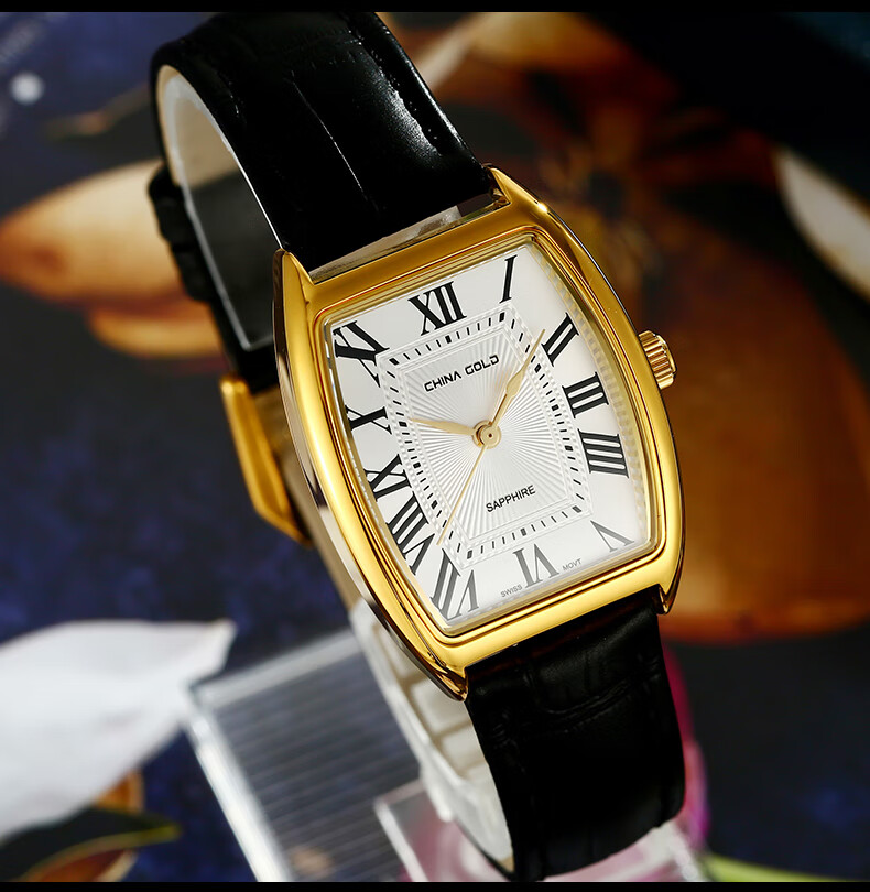 中国黄金官方店珍61如金足金牛皮表带石英男士手表腕表gwb068黑色
