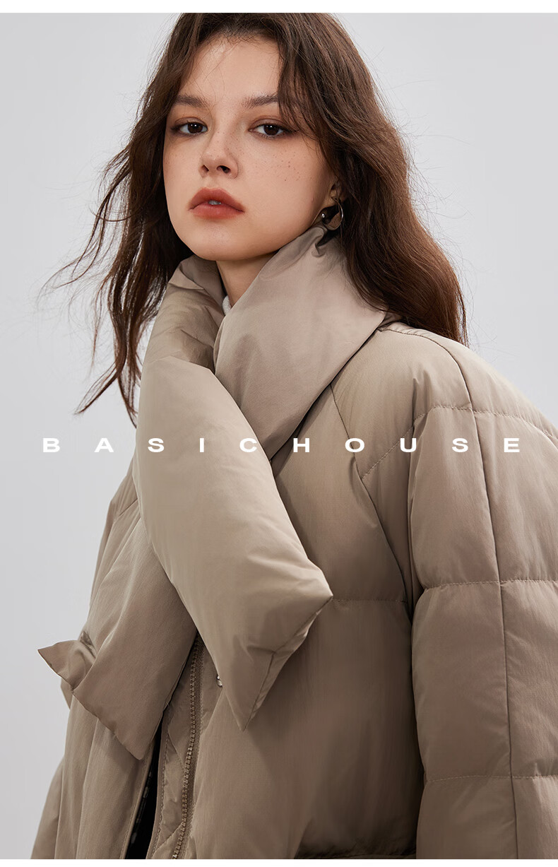 BASIC HOUSE/百家好韩系围围巾蓬松鸭绒外套卡其巾领羽绒服女2024冬季90白鸭绒蓬松外套 卡其绿 S（有围巾）详情图片16