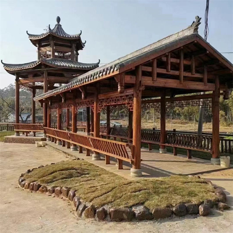 墨绩 户外长廊走廊木古建筑文化室外走廊实木公园景区凉亭 户外长廊