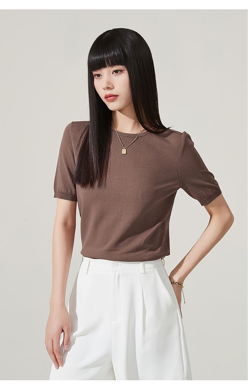 逸阳上衣女2022夏款新款针织短袖圆领宽松显瘦t恤纯色半袖薄8646白色
