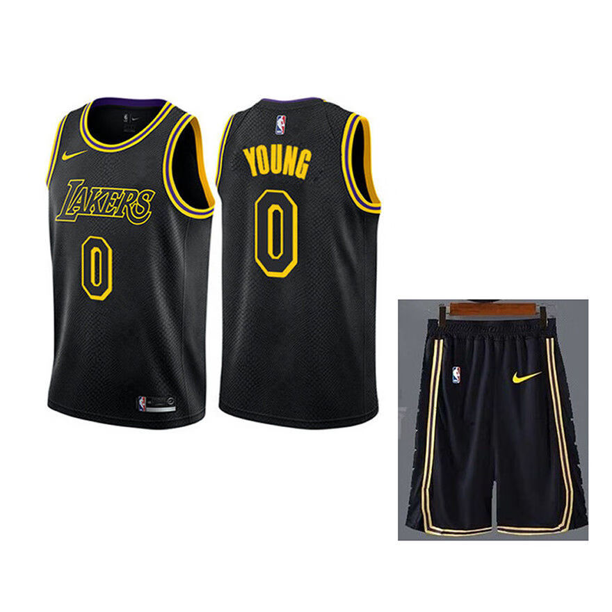 湖人队尼克杨0号球衣套装黑色短袖勇士6号篮球服学生运动比赛定制 v领