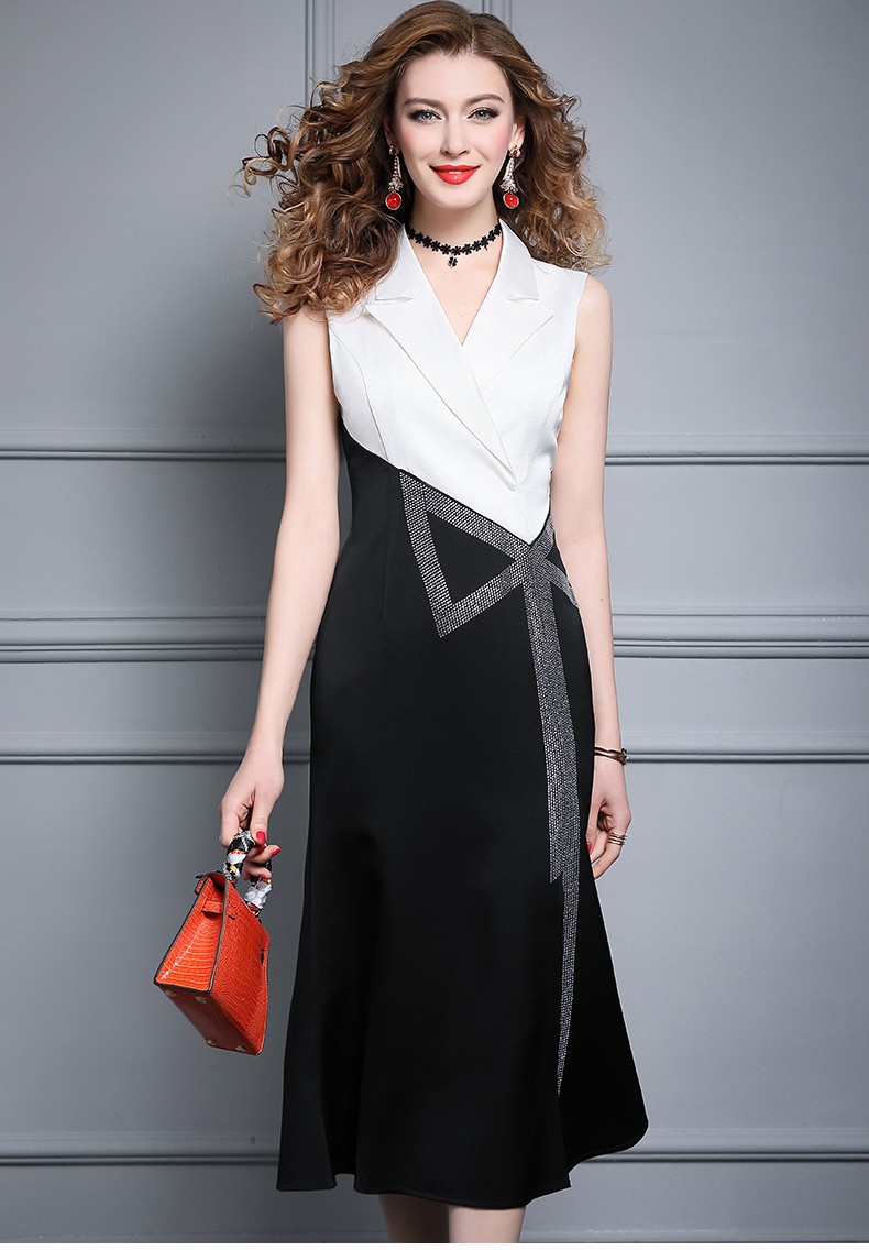 femly法曼丽拼接连衣裙女装春夏季v领气质修身无袖中长裙ol一步裙dy