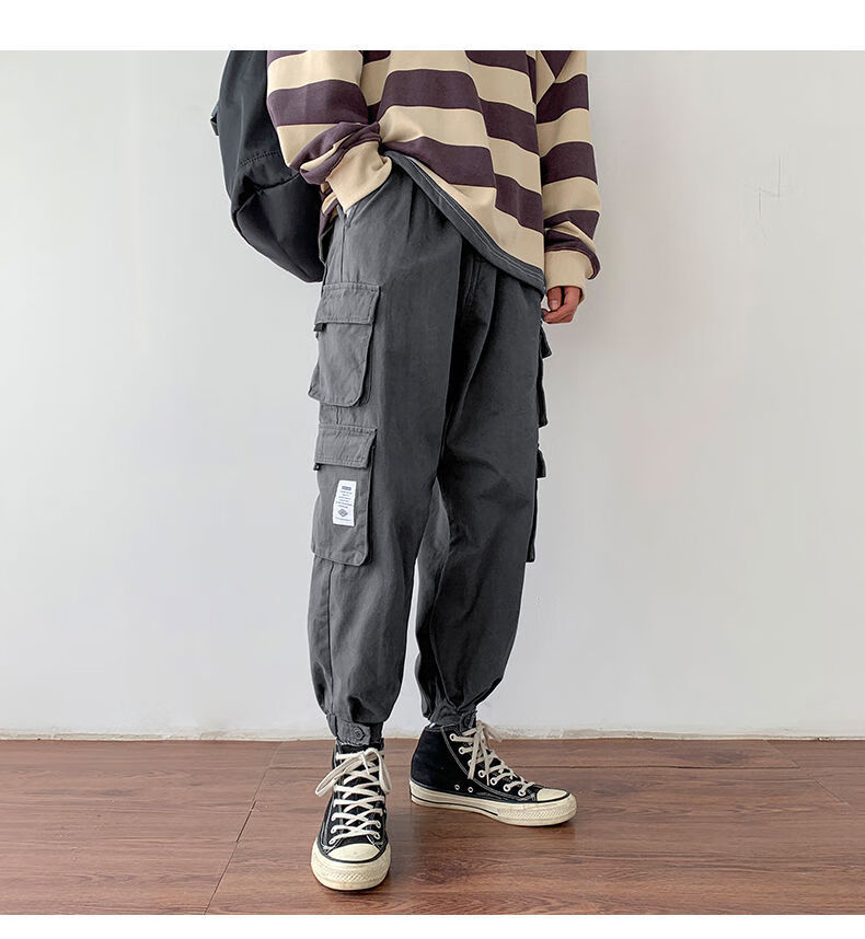 ins工装裤男秋季潮牌束脚2020网红抖音九分百搭港风休闲裤子 黑色 m