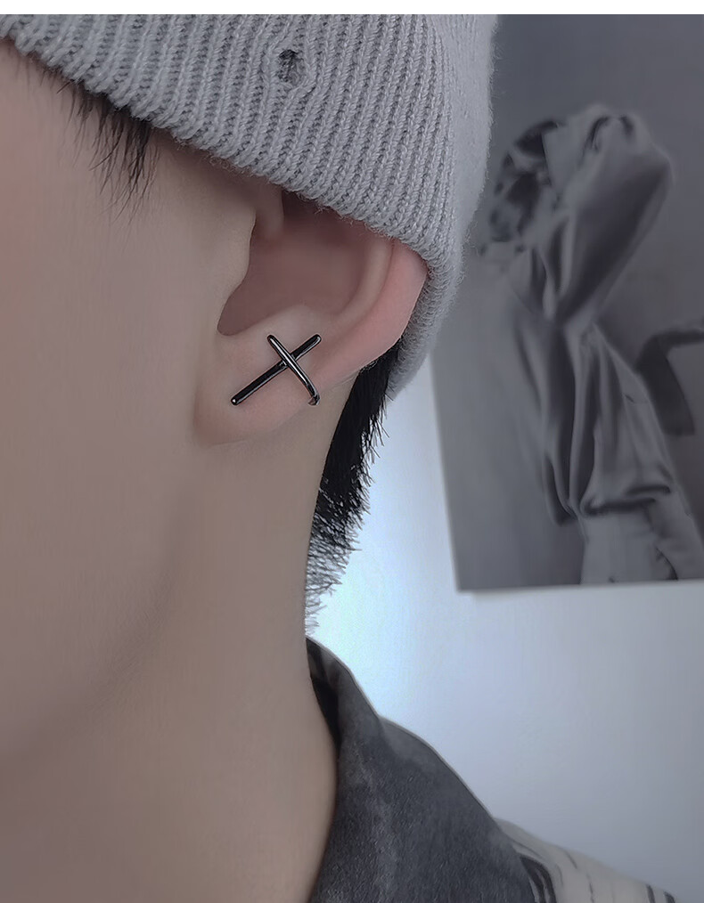 耳钉男ins潮男士耳环潮流个性男款男生小众设计感 十字架款右耳-黑色