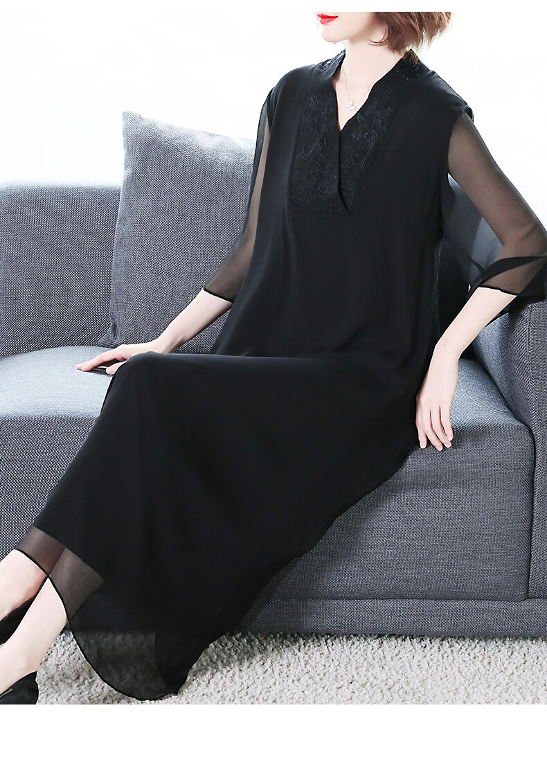 ctns品牌黑色真丝连衣裙女新款秋装名媛气质桑蚕丝长裙显瘦裙子潮