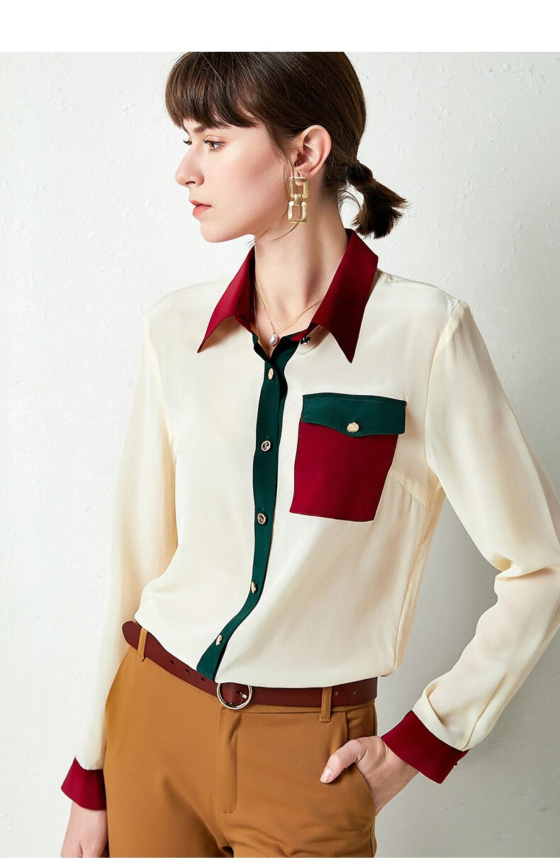 衬衣冰爽丝滑雪纺衫女拼色女士衬衫优雅女士上衣蚕丝上衣女丝绸上衣女