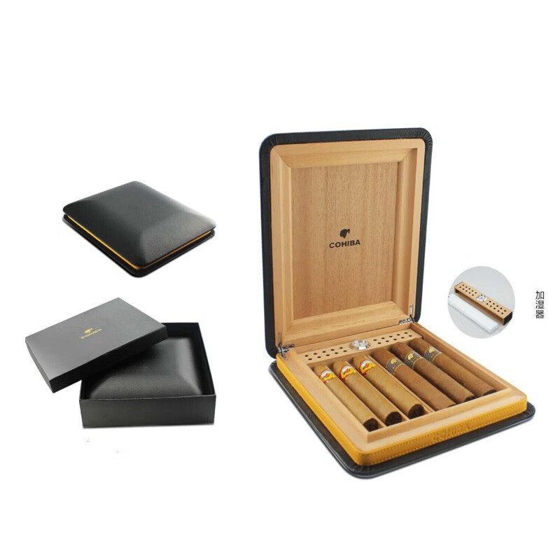 古巴雪茄保湿盒真皮雪松木便携式雪茄保湿盒礼盒装5支装带加湿器男士