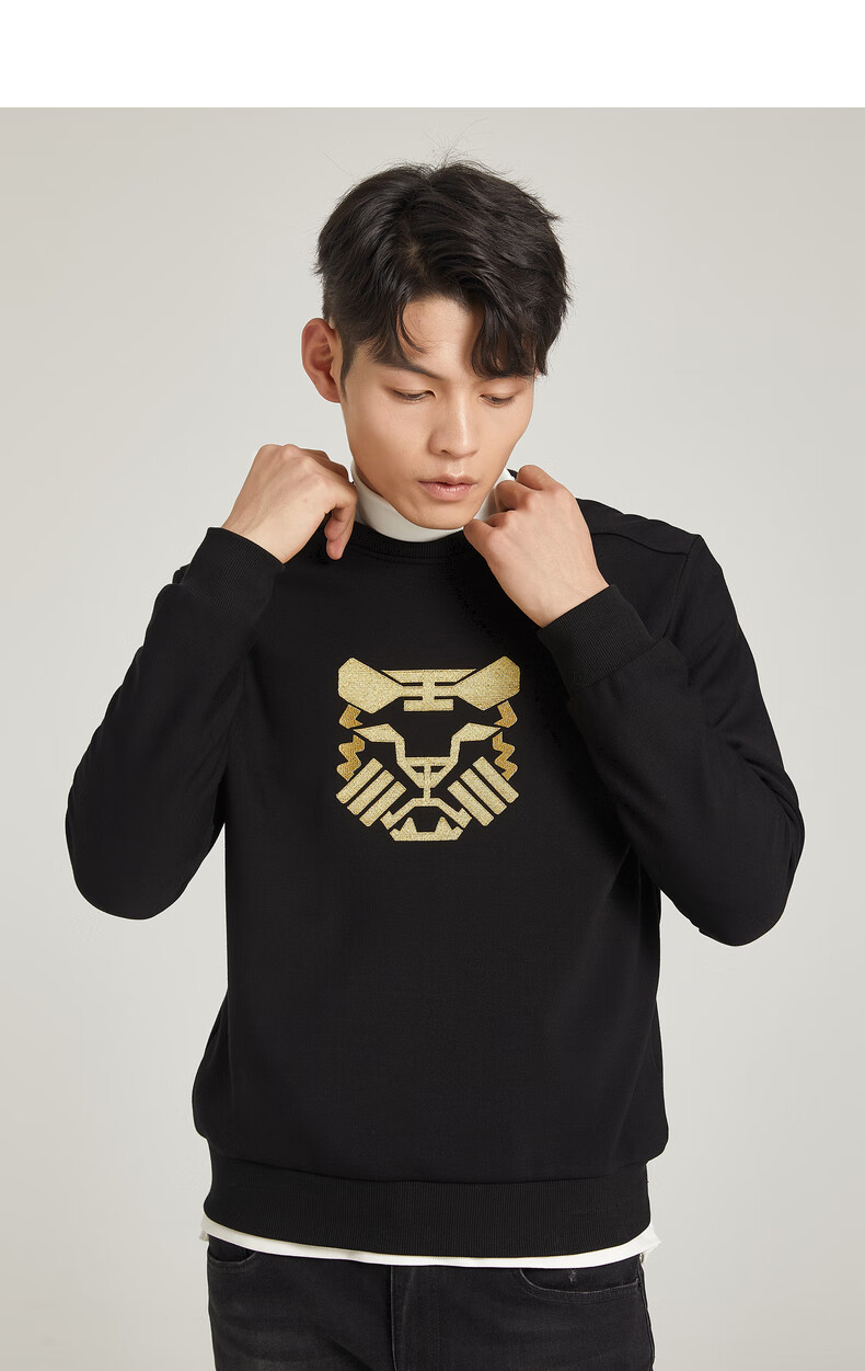 利郎男装加绒卫衣男圆领老虎头刺绣个性休闲2021冬季新款保暖虎年长袖