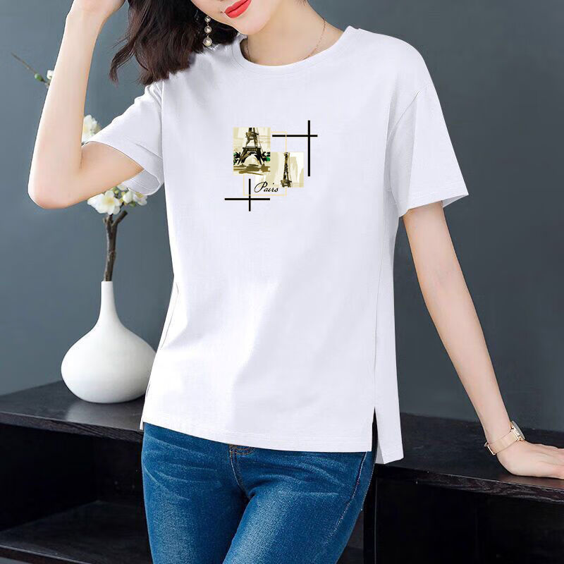 短袖t恤女装时尚印花休闲百搭韩版宽松大码上衣女半袖体恤衫乐迪纯黄