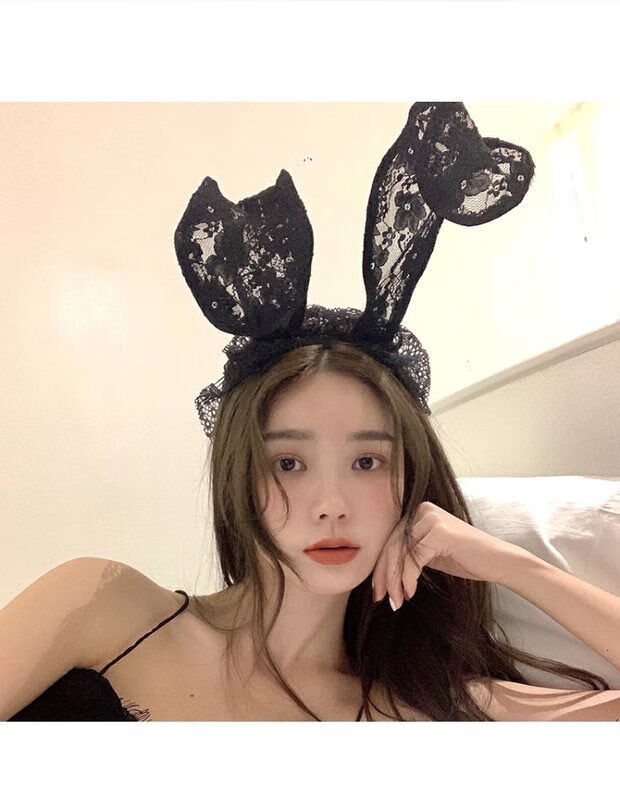 ins自拍蕾丝兔耳朵发卡情趣发箍女韩国网红洗脸外出头箍黑色面罩一体
