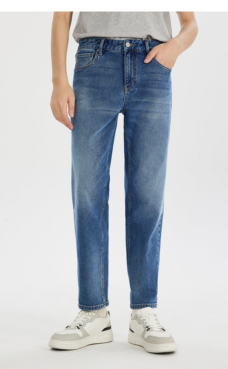 cabbeen/卡宾男装蓝色水洗做旧牛仔长裤2021秋新款休闲时尚小脚j 蔚