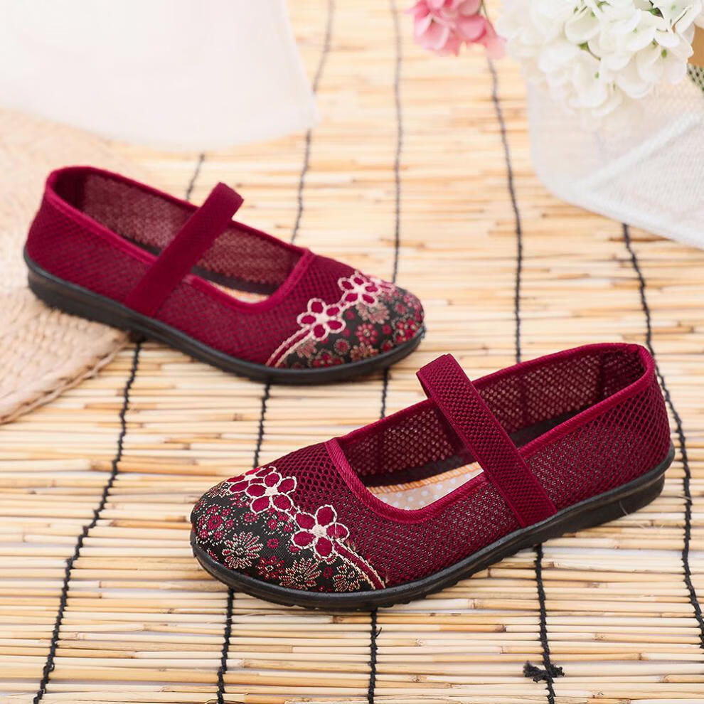 老太太鞋布鞋女单鞋夏季妈妈鞋子中老年透气网面鞋平底镂空布鞋a款