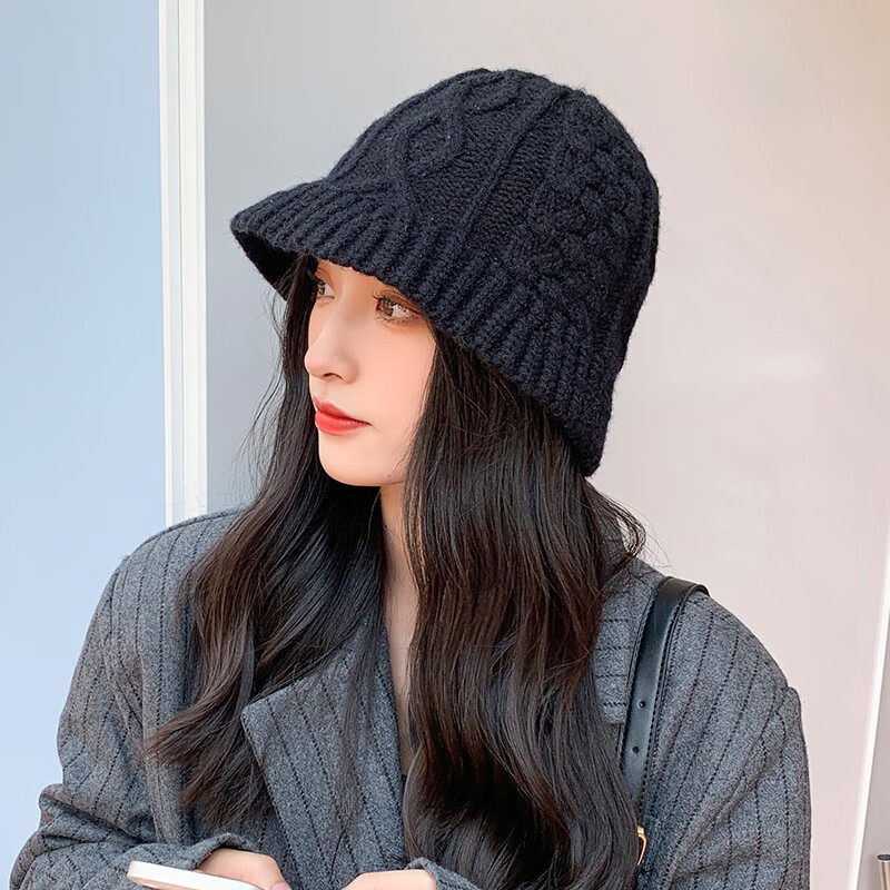 趣得秋冬季麻花针织帽女大头围帽子显脸小复古毛线帽韩版纯色保暖盆帽