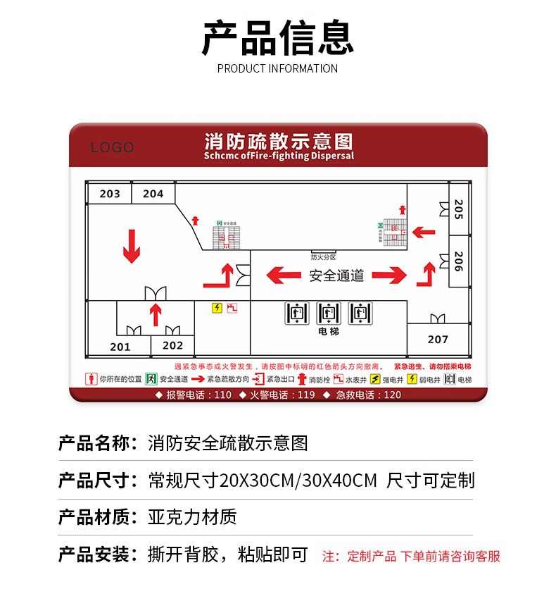 商场学校公寓楼层紧急应急逃生通道线路分珍颜sw08消防疏散图15x20cm