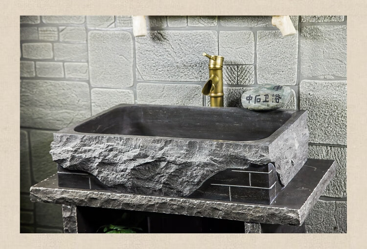 室外石头方形台上盆户外水槽院子水池石材洗手盆面盆复古青石石槽酒杯