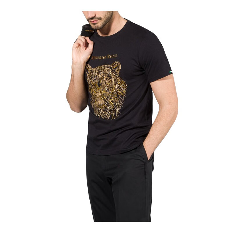 stefano ricci史蒂芬男装短袖t恤棉质混纺圆领上衣老虎刺绣铆钉装饰