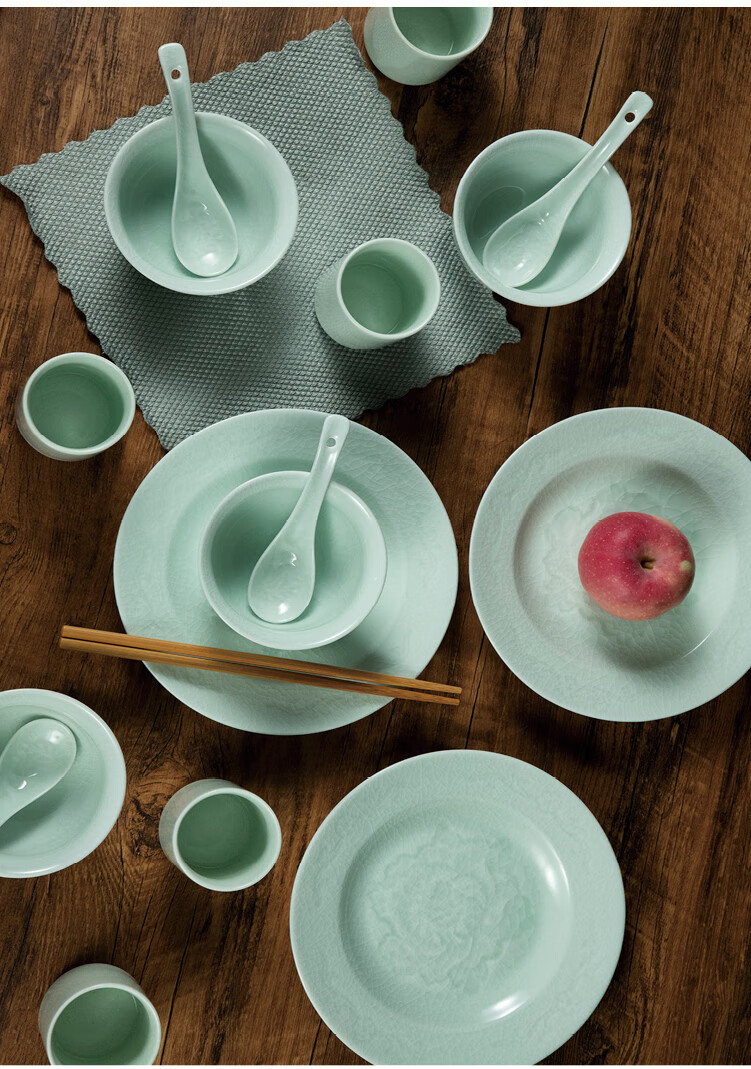 宋鼎汝瓷玉青釉瓷器汝窑碗组合餐具碗碟套装家用陶瓷盘子吃饭碗家用菜
