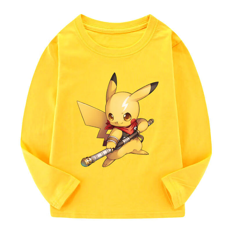 皮卡丘男童长袖t恤纯棉春秋t恤上衣大童秋装黄色童装儿童打底衫红倒立
