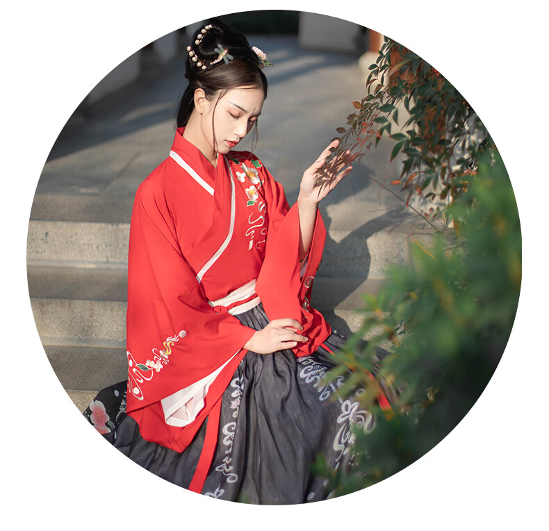 汉服齐腰【花醉】汉服女交领齐腰襦裙晋制广袖d 黑红三件套 外衣 里衣