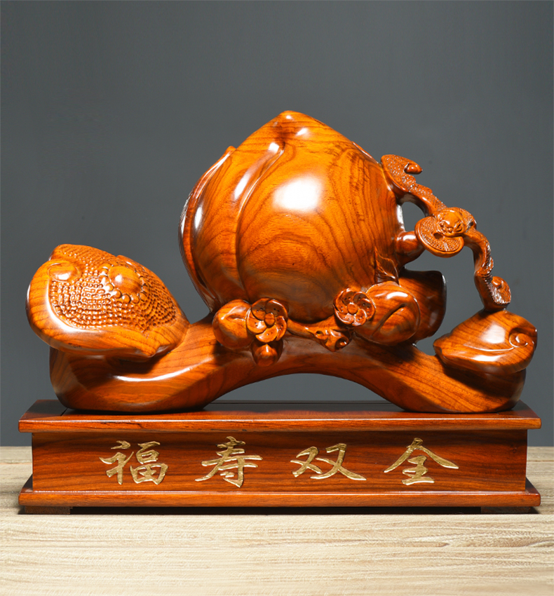 得爵花梨木雕如意寿桃福寿双全摆件长辈老人祝寿贺寿生日礼物收藏送礼