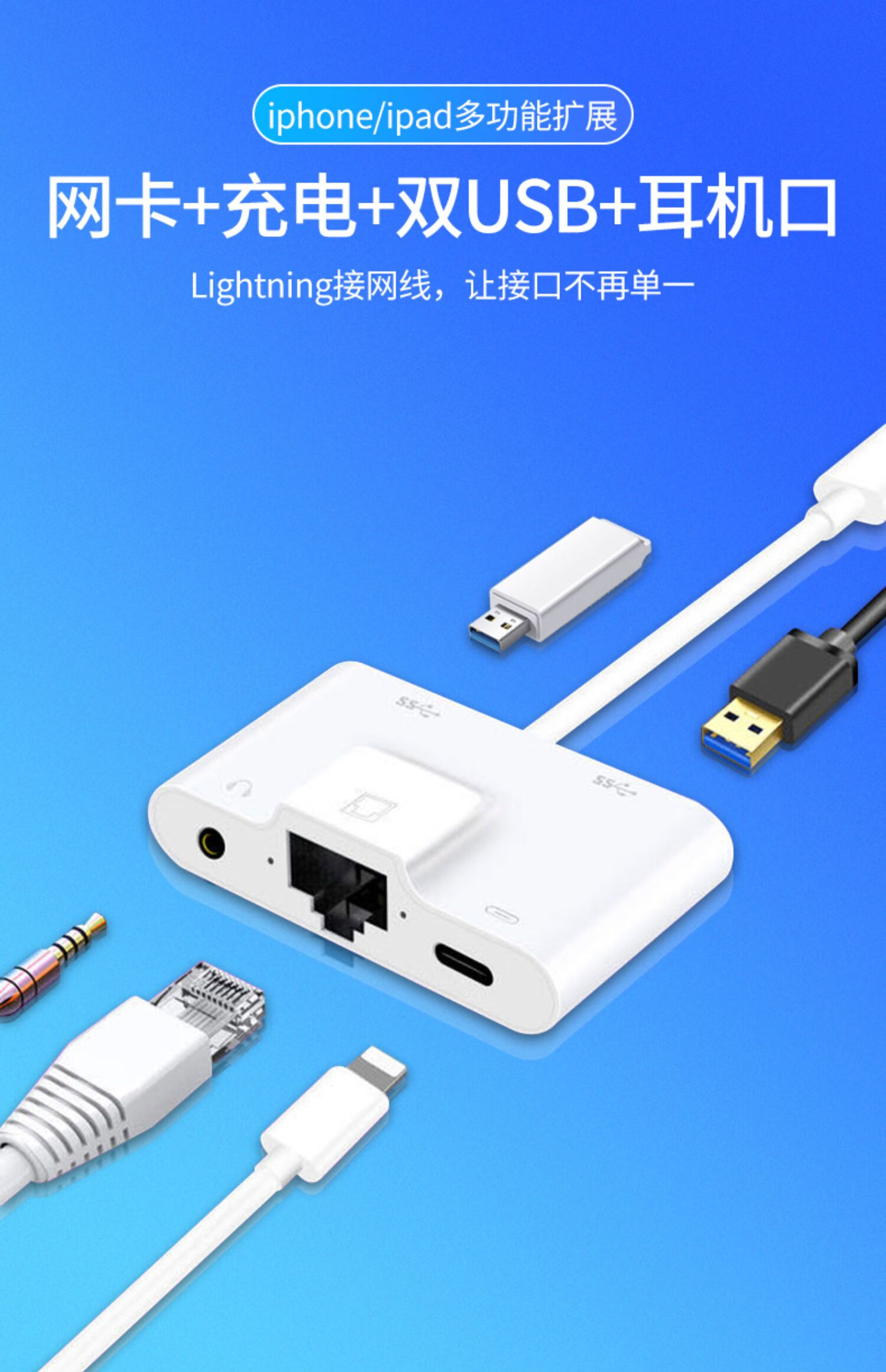 转换器iphone手机ipad平板lightning接口千兆宽带网络网口以太网u六合