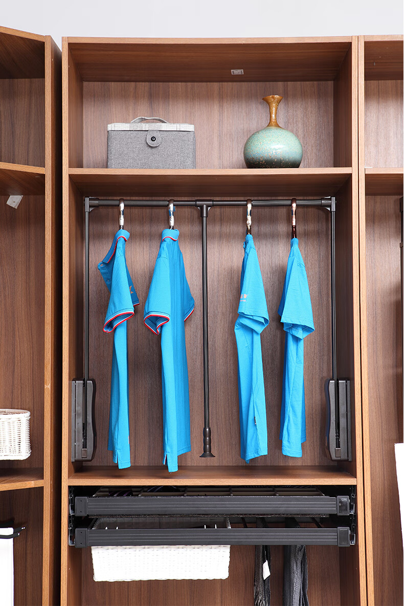 双缓冲衣柜升降下拉式挂衣杆自动回位高柜衣橱伸缩衣架五金配件双缓冲