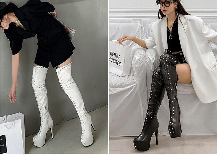 伪娘大码过膝长靴性感铆钉钢管舞细高跟舞台演出反串e伪娘大码过膝