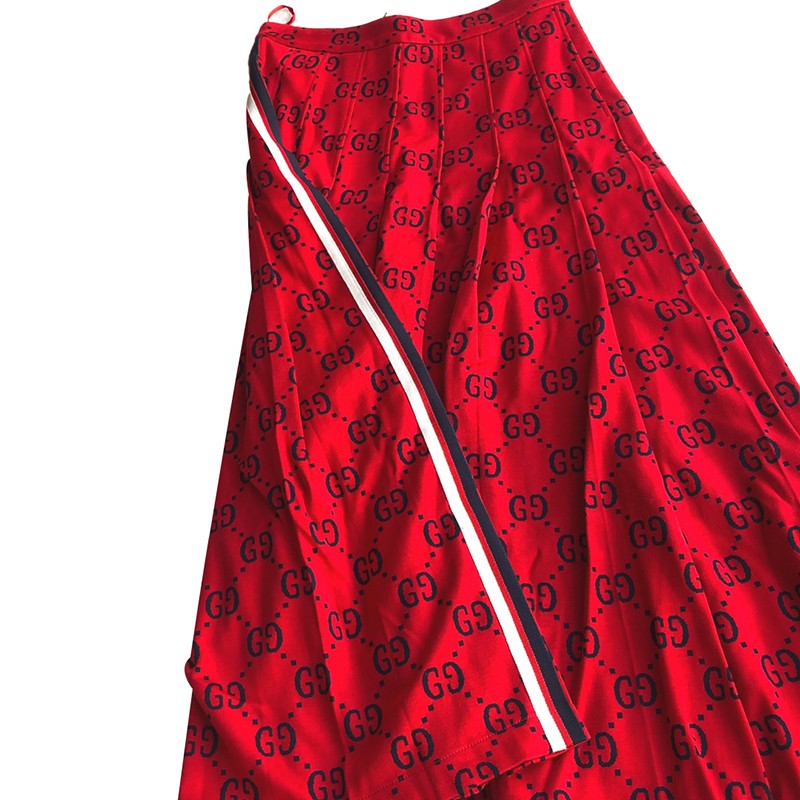 精品gucci古驰红色印花长款百褶裙女士半身裙bi奢侈品礼物红色xs码