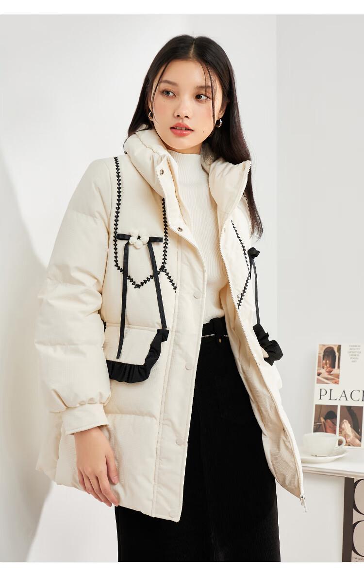 ief/爱依服羽绒服女2022炸街年冬季新款花边宽松肌理感中长款外套 杏