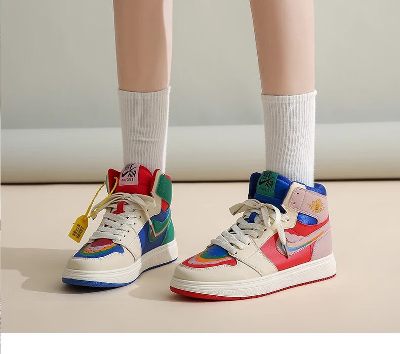 【jd优选】双色鸳鸯鞋aj女鞋2022新款春秋高帮板鞋彩虹休闲潮酷皮面