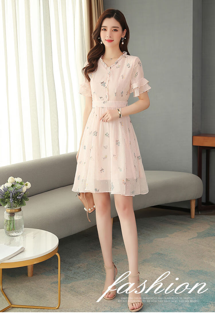 茵椒粉色v领雪纺碎花连衣裙女士夏天中长款2020新款流行裙子9048 粉色