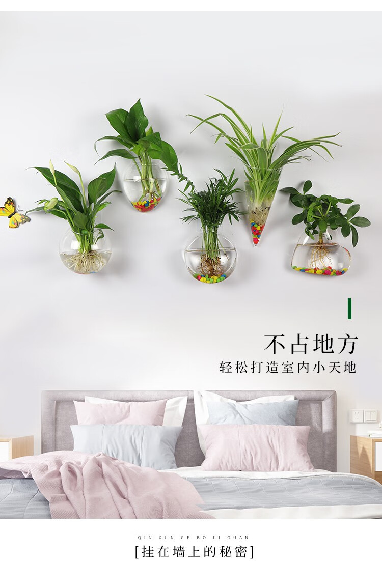 创意墙上悬挂小花瓶贴墙水培植物玻璃瓶透明绿萝壁挂花瓶挂墙花盆五个