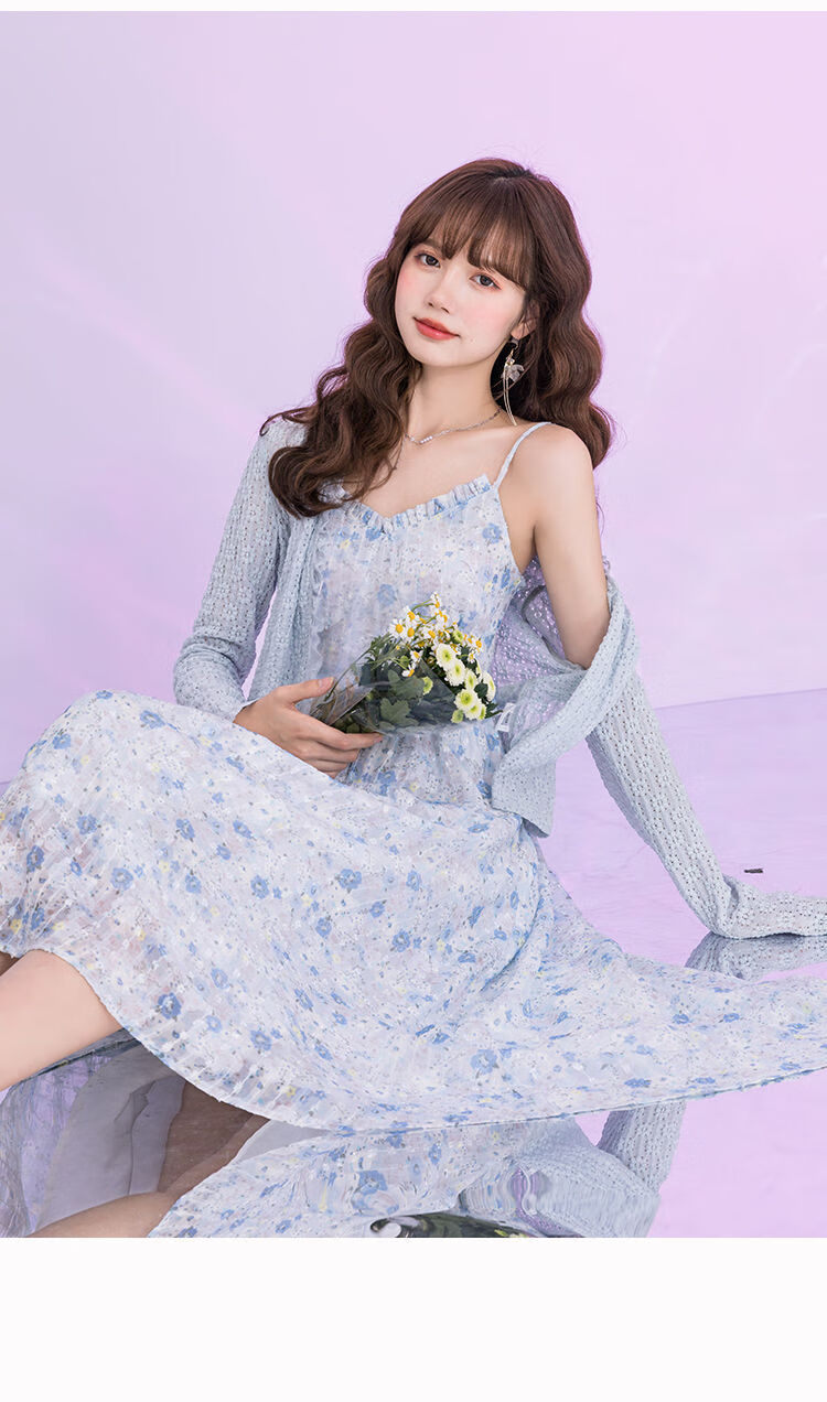 蓝色系吊带连衣裙收腰显瘦中长款甜美过膝裙子蓝色吊带裙xs75斤85斤