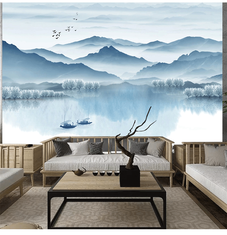 山水画风景窗帘办公山水风景画卷帘窗帘免打孔遮光遮挡卷拉升降客厅