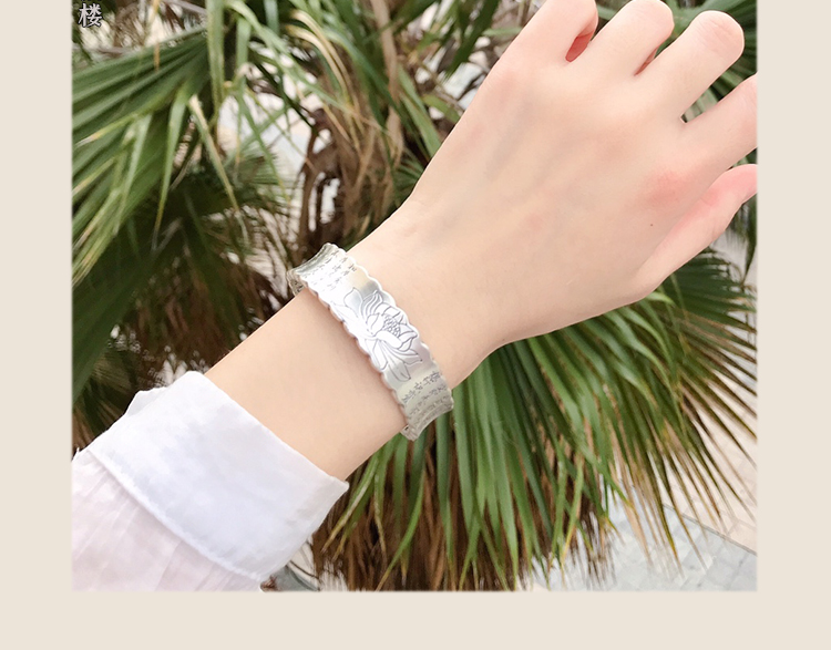 莲花心经银手镯女9999足银复古民族风开口实心足银经文镯子送妈妈生日