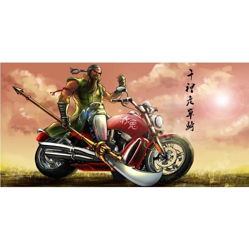 关羽千里走单骑仿b古画挂画关公骑自行车网络搞笑字画卷轴虎啸山 饿虎