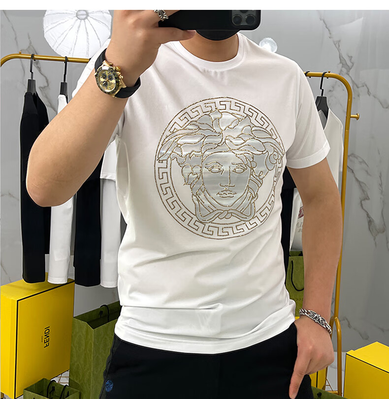 轻奢品质潮牌男士t恤欧洲站潮牌短袖瓦萨琪夏季高端白色