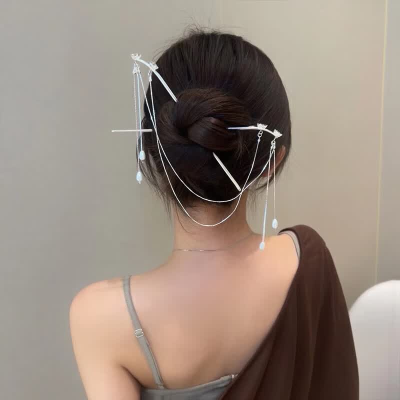 颤珠簪流苏双股金属发簪日常后脑勺盘发颤珠簪子感古风头饰钗女夏天 2
