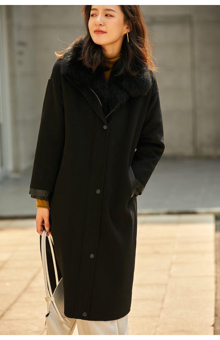 派克服女狐狸毛领羽绒袖獭兔内胆双面呢皮草外套长款 黑色 s