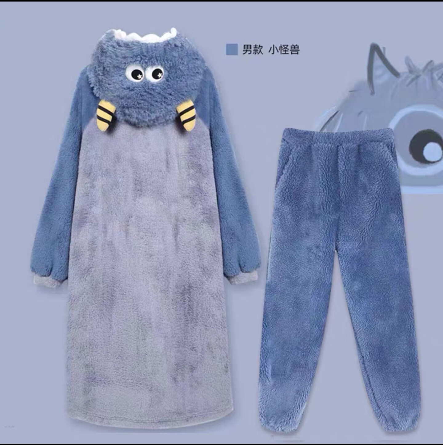 小怪兽睡袍情侣小怪兽睡袍套装珊瑚绒加厚绒连帽男女秋冬季情侣卡通长