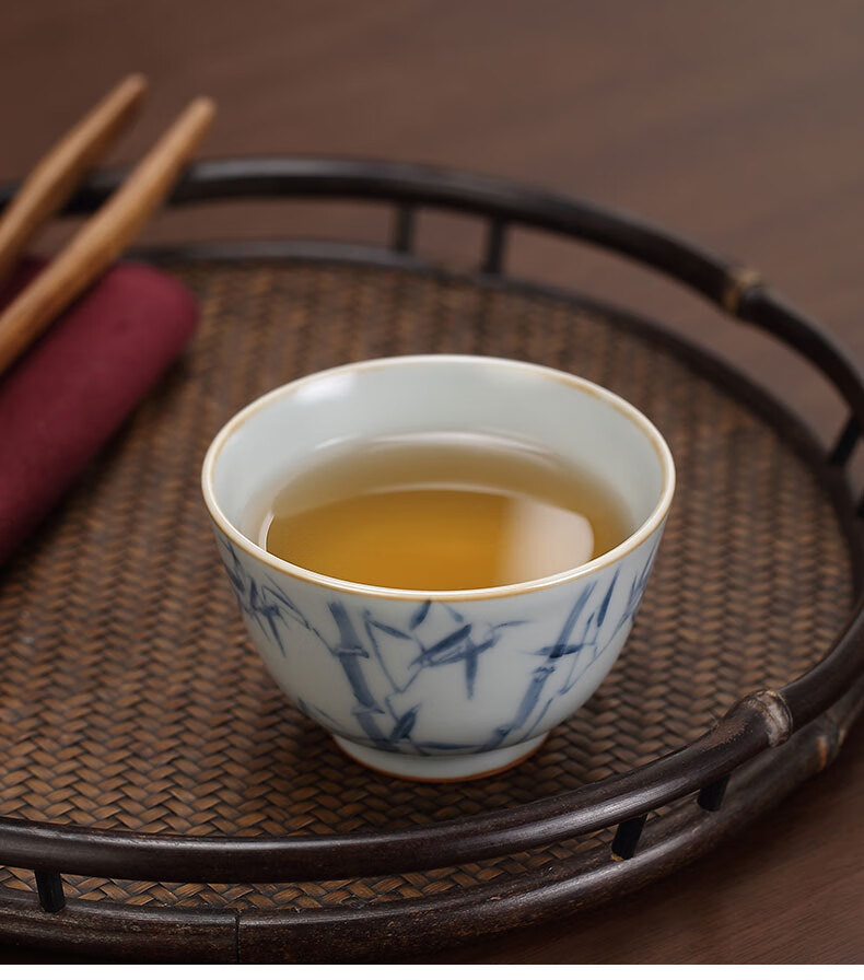 景德镇天青汝窑分寸手绘茶杯陶瓷功夫茶具个人专用茶杯青竹玉兰杯分寸