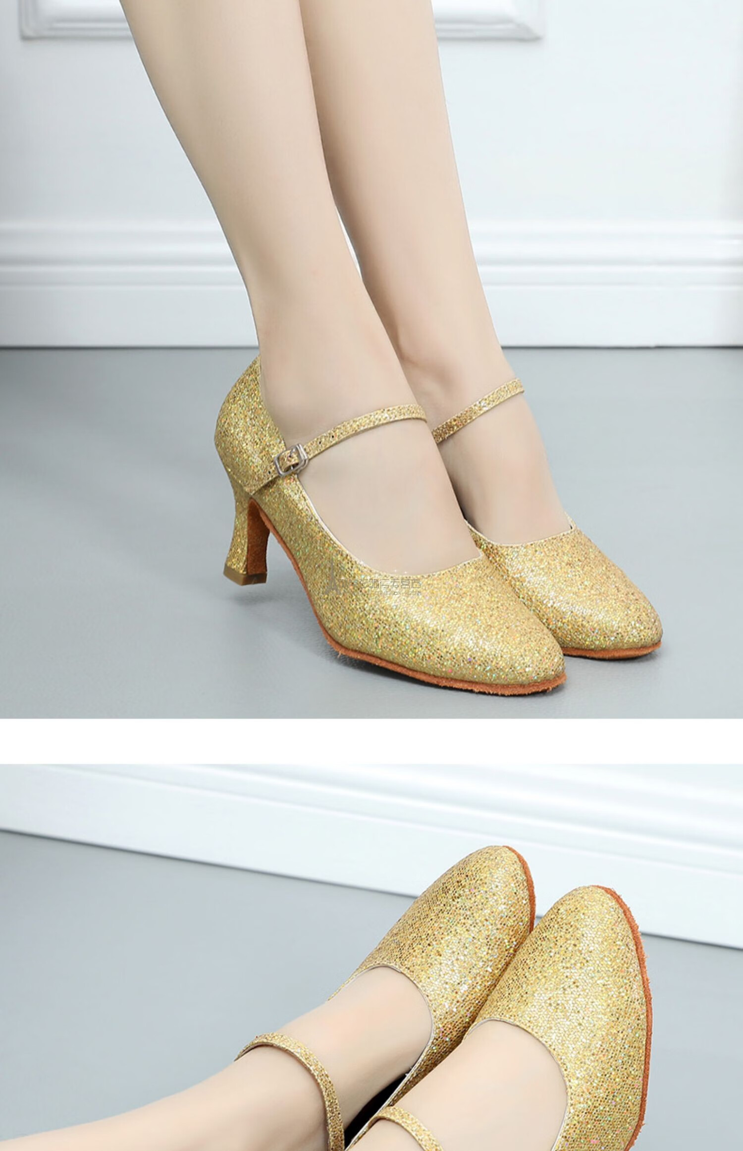 丹宝罗摩登舞鞋女式舞蹈鞋包头亮片软底摩登广场舞鞋高跟绑带华尔兹